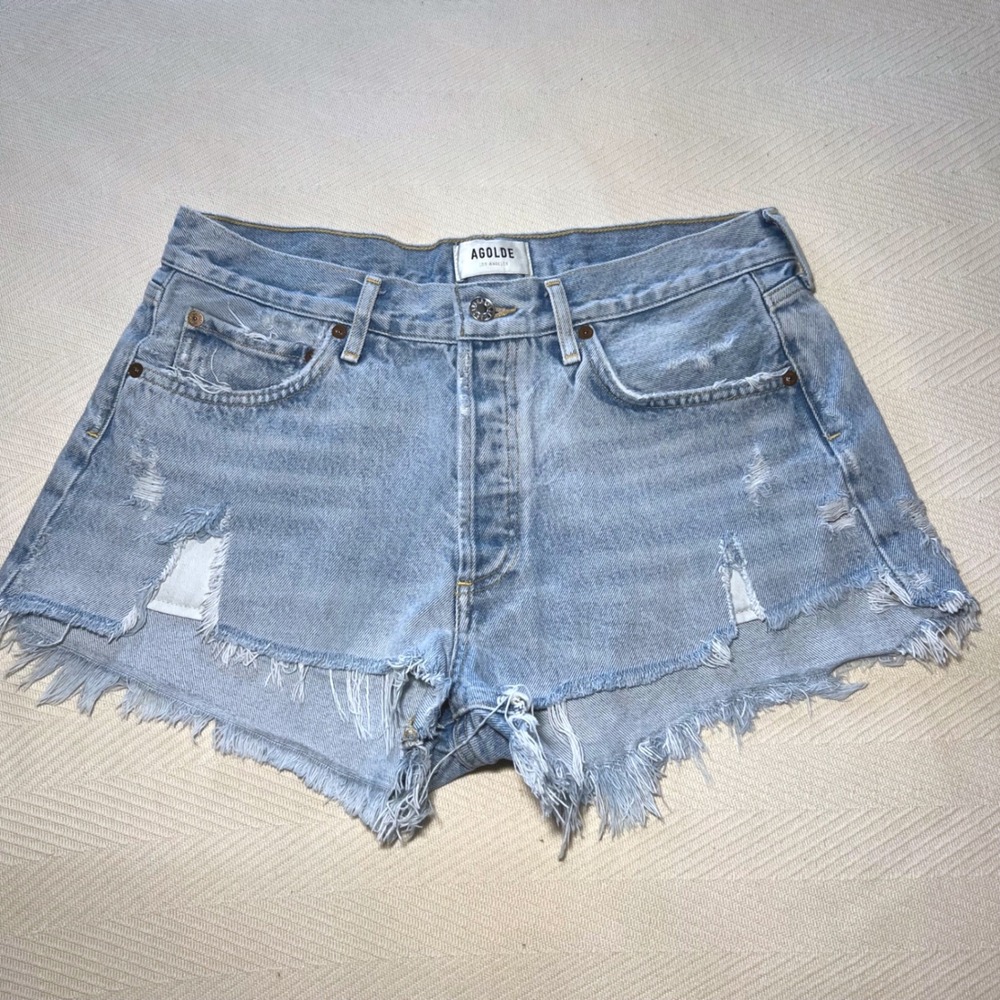 AGOLDE Parker High‎ Rise Distressed Denim Shorts Light Wash Blue Size 29